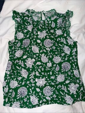 J. Crew Green and White Floral Ruffle-Neck Camisole